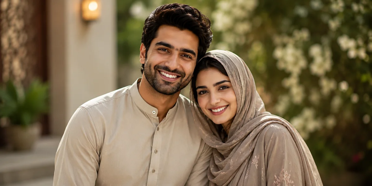 A married couple smiling together